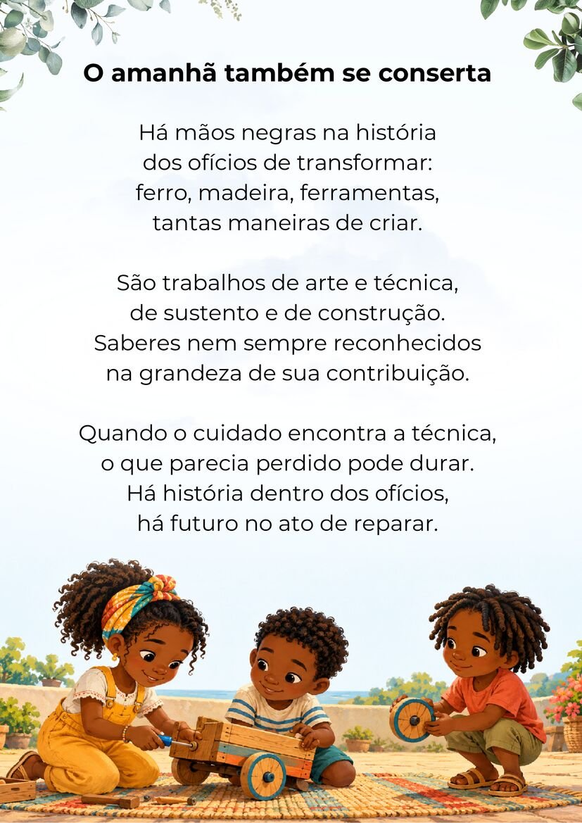 Poema O amanhã também se conserta, com três crianças negras consertando um carrinho de madeira com ferramentas.
